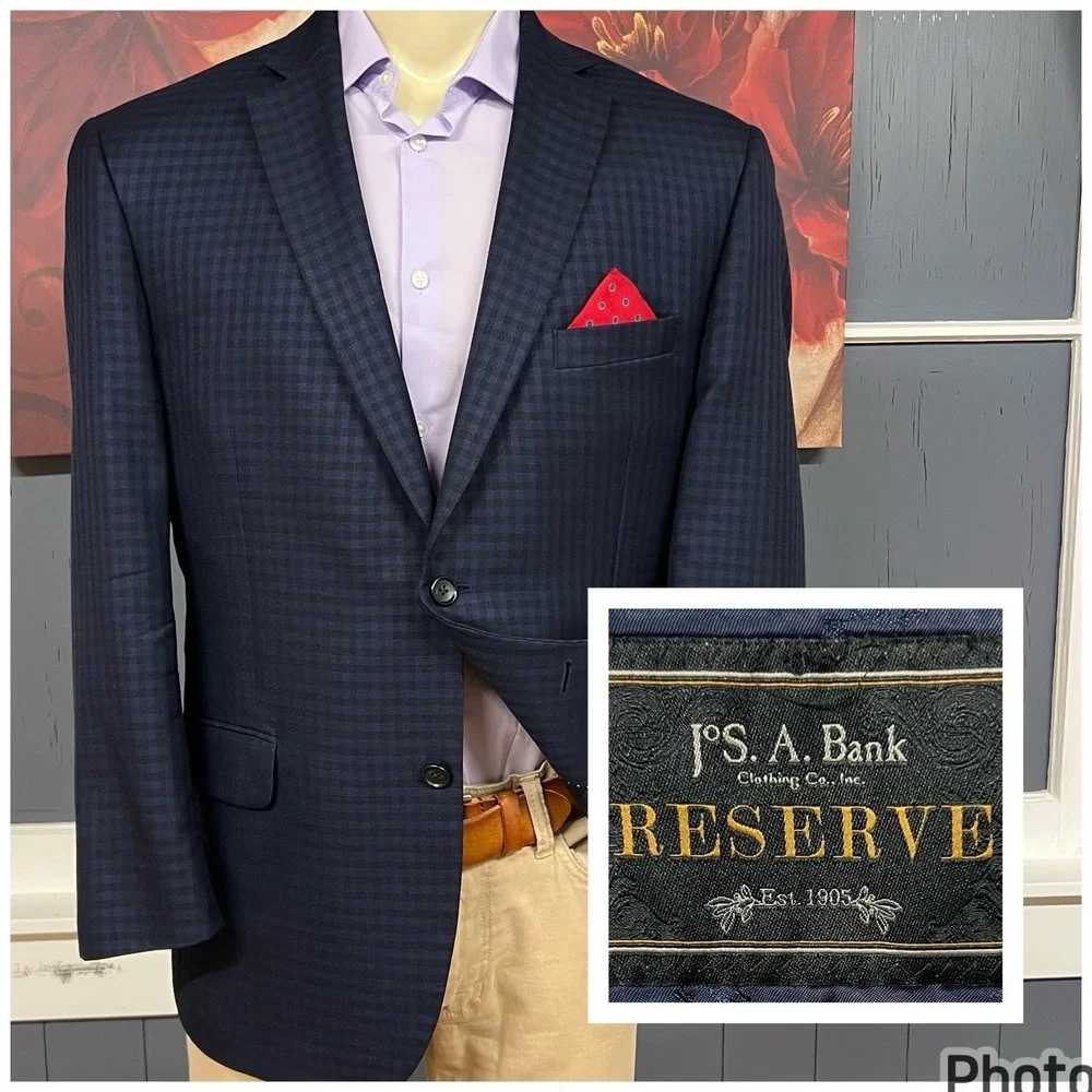 Jos A Bank Silk Wool Blazer Jacket Sport Coat Men 44R Tailored Fit Navy/Black